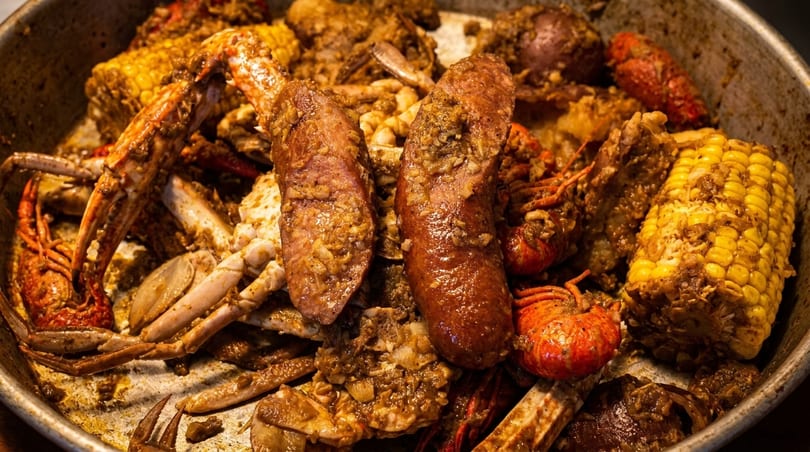 A close-up of a seafood boil with crab, crawfish, sausage, corn, and potatoes in a pan.