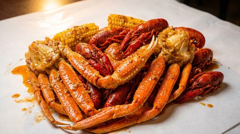 A seafood boil with crab legs, crawfish, and corn on the cob, covered in sauce.